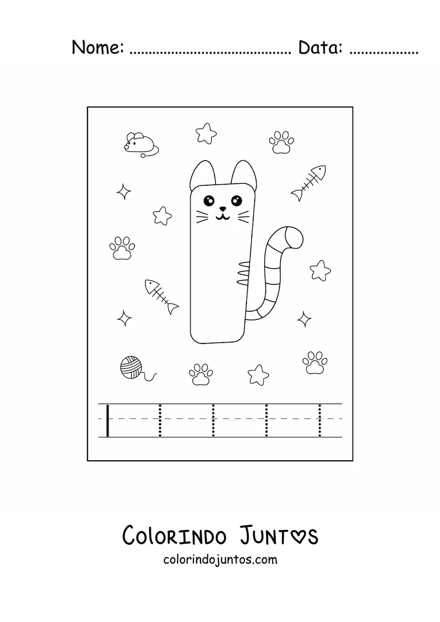Desenho para colorir da letra I animada em forma de gato