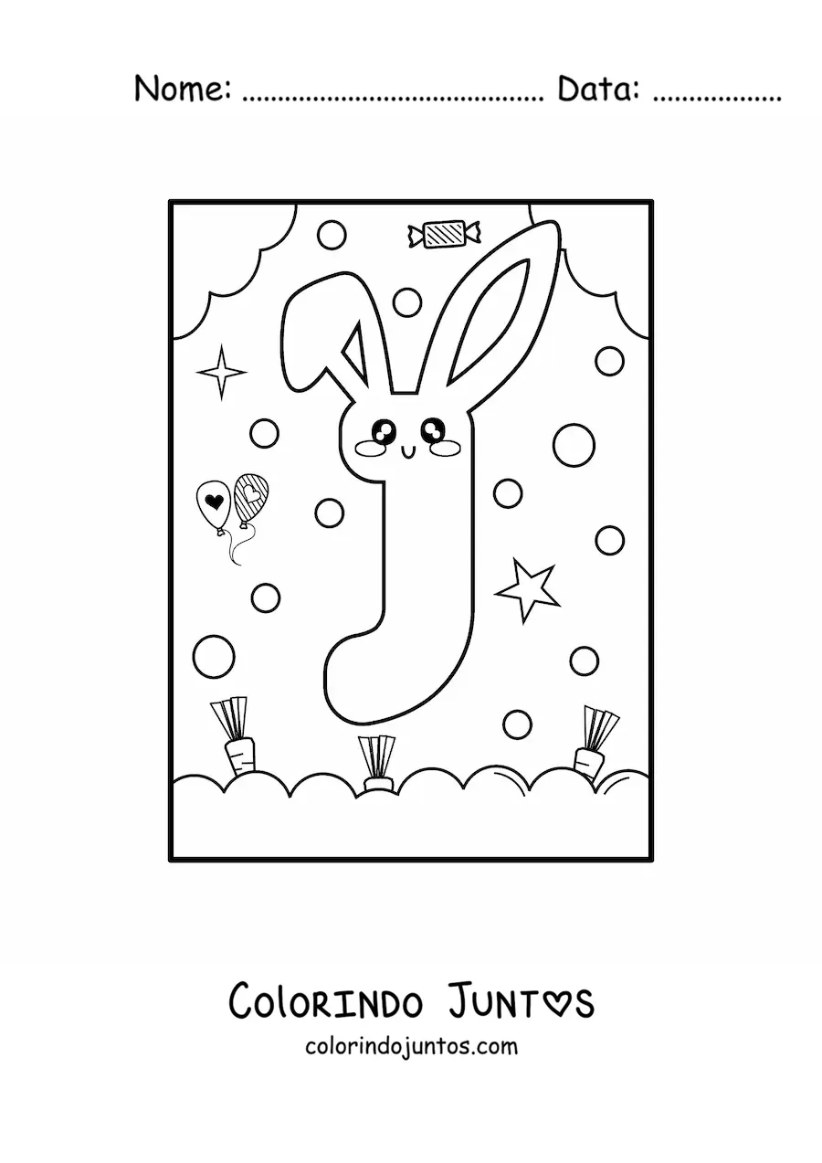 Desenho para colorir de letra J em forma de coelho kawaii animado