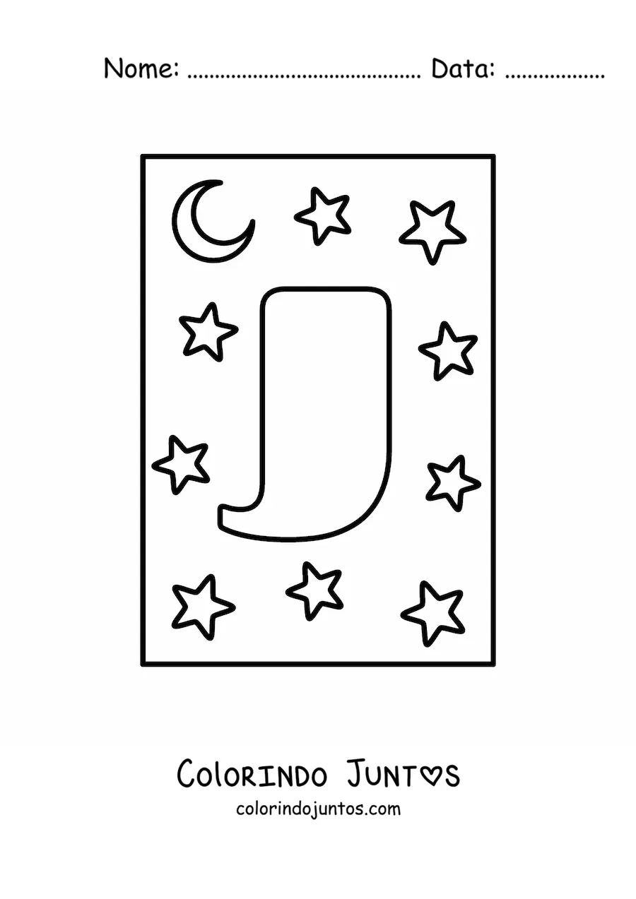 Desenho para colorir de letra J maiúscula com estrelas e uma lua