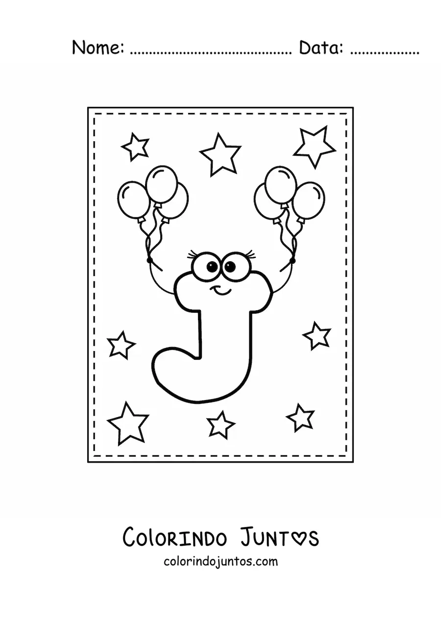 Desenho para colorir da letra J maiúscula animada com balões
