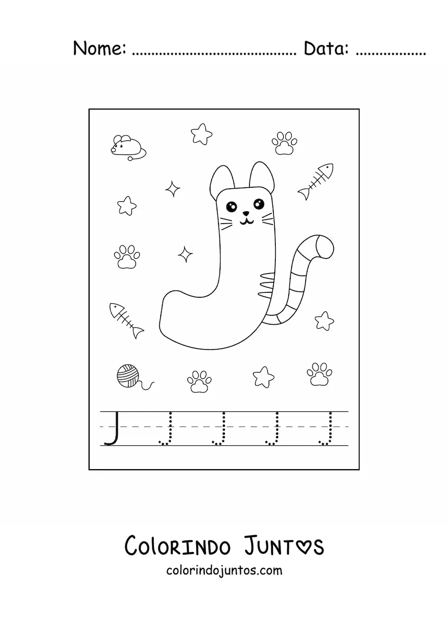 Desenho para colorir da letra J animada em forma de gato