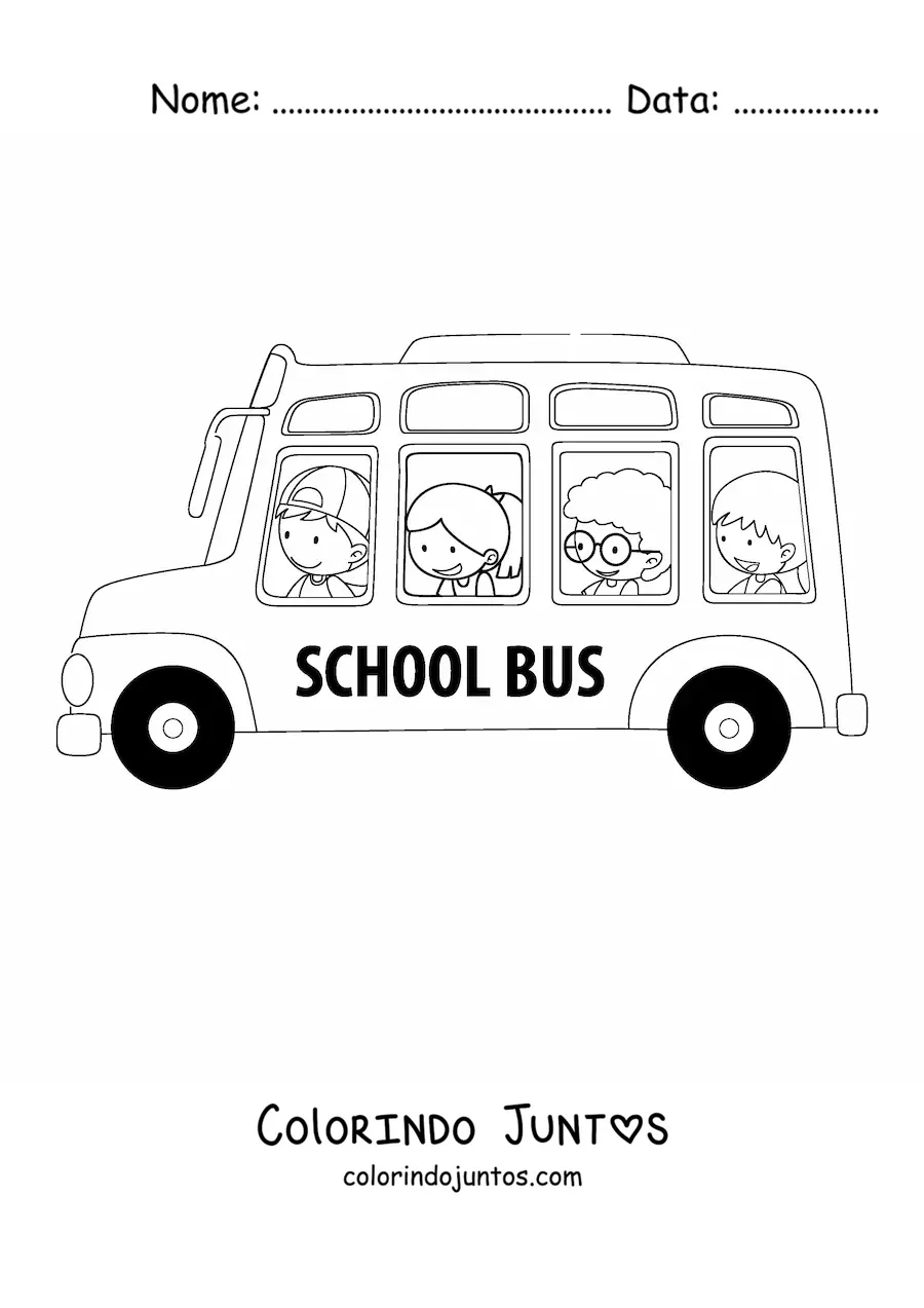 Desenho para colorir de varios alunos animados em um onibus escolar