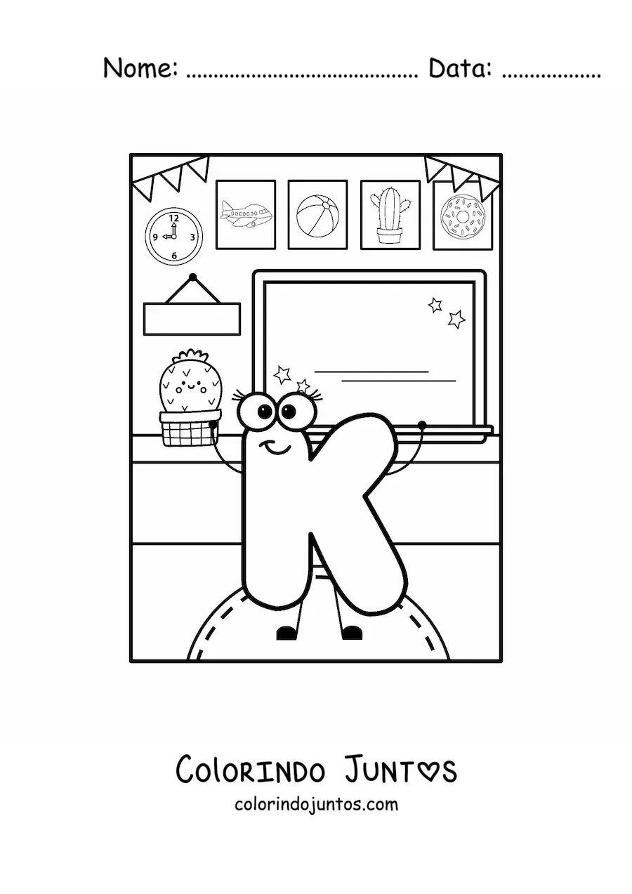 Desenho para colorir da letra K animada na escola