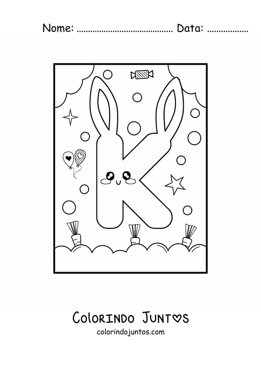 Desenho para colorir de letra K em forma de coelho kawaii animado