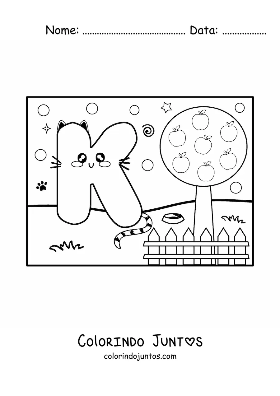 Desenho para colorir da letra K animada em forma de gato no parque