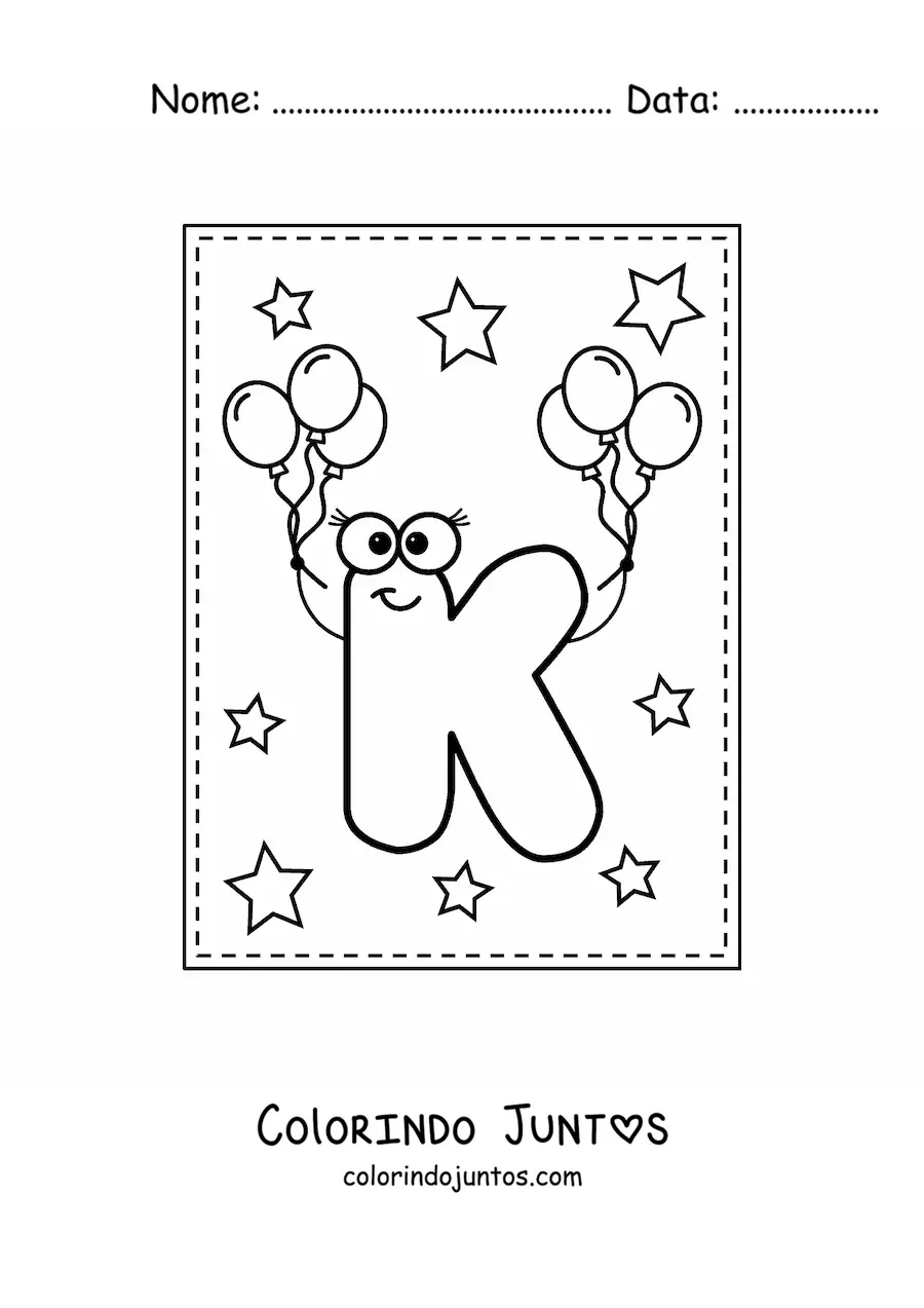 Desenho para colorir da letra K maiúscula animada com balões