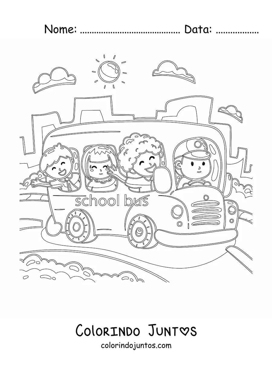Desenho para colorir de varios alunos felizes em um onibus escolar