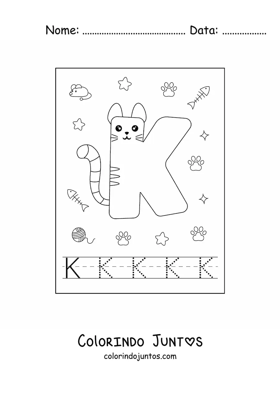 Desenho para colorir da letra K animada em forma de gato