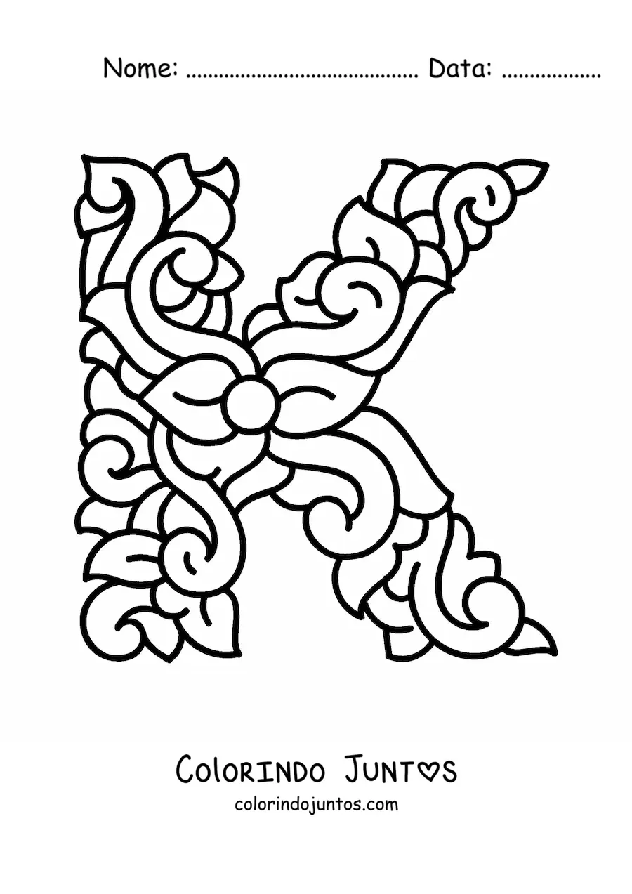 Desenho para colorir de letra K maiúscula decorada