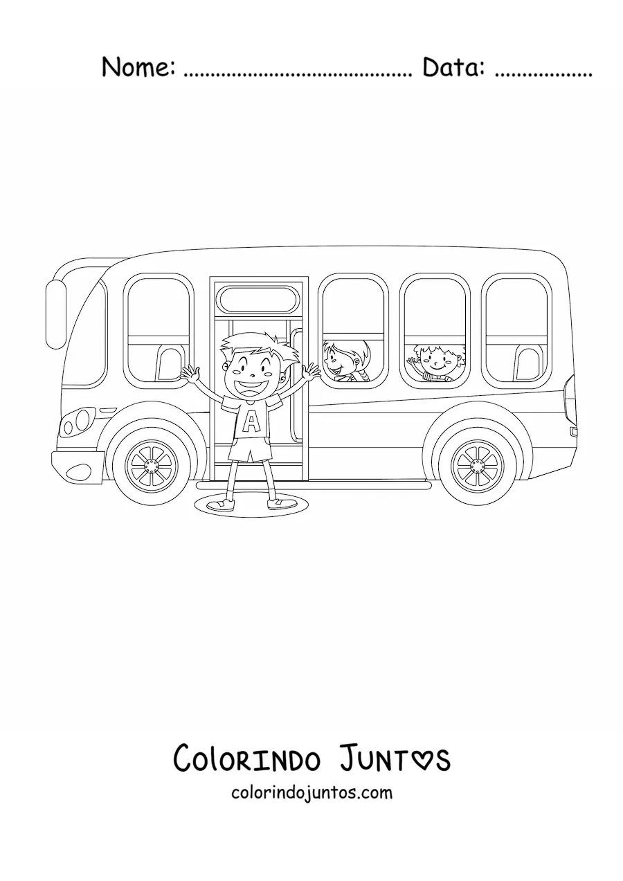 Desenho para colorir de alunos animados em um onibus escolar