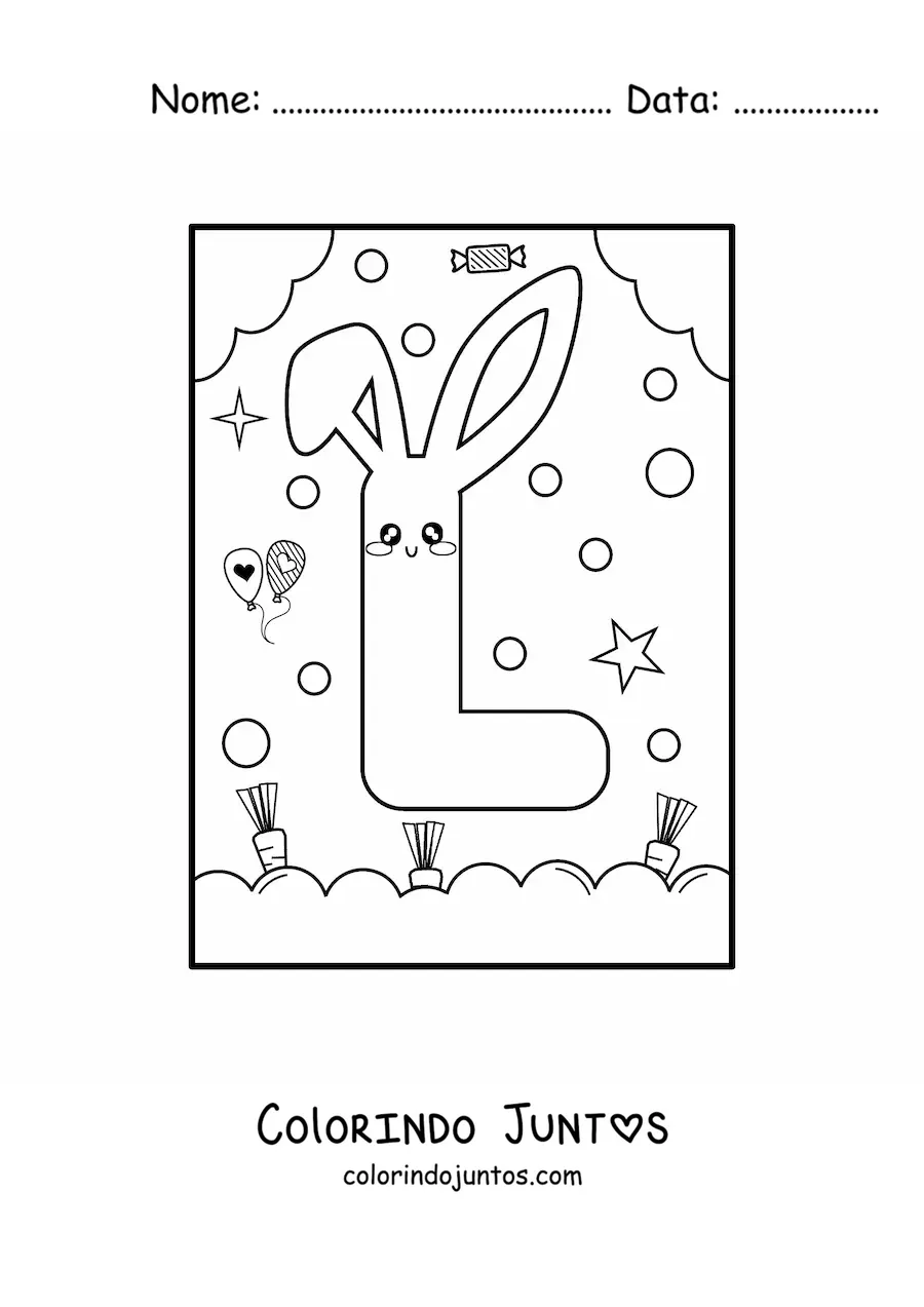 Desenho para colorir de letra L em forma de coelho kawaii animado