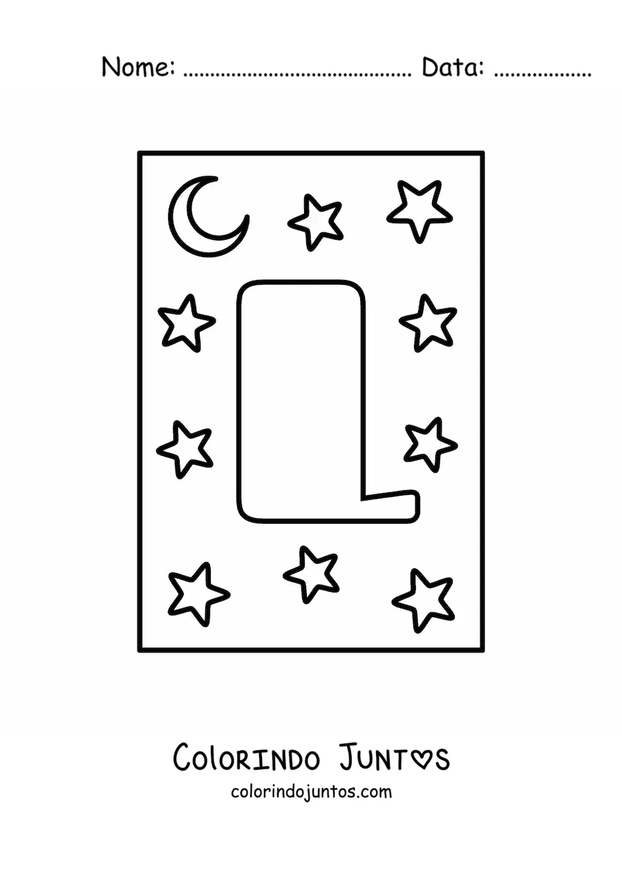 Desenho para colorir de letra L maiúscula com estrelas e uma lua