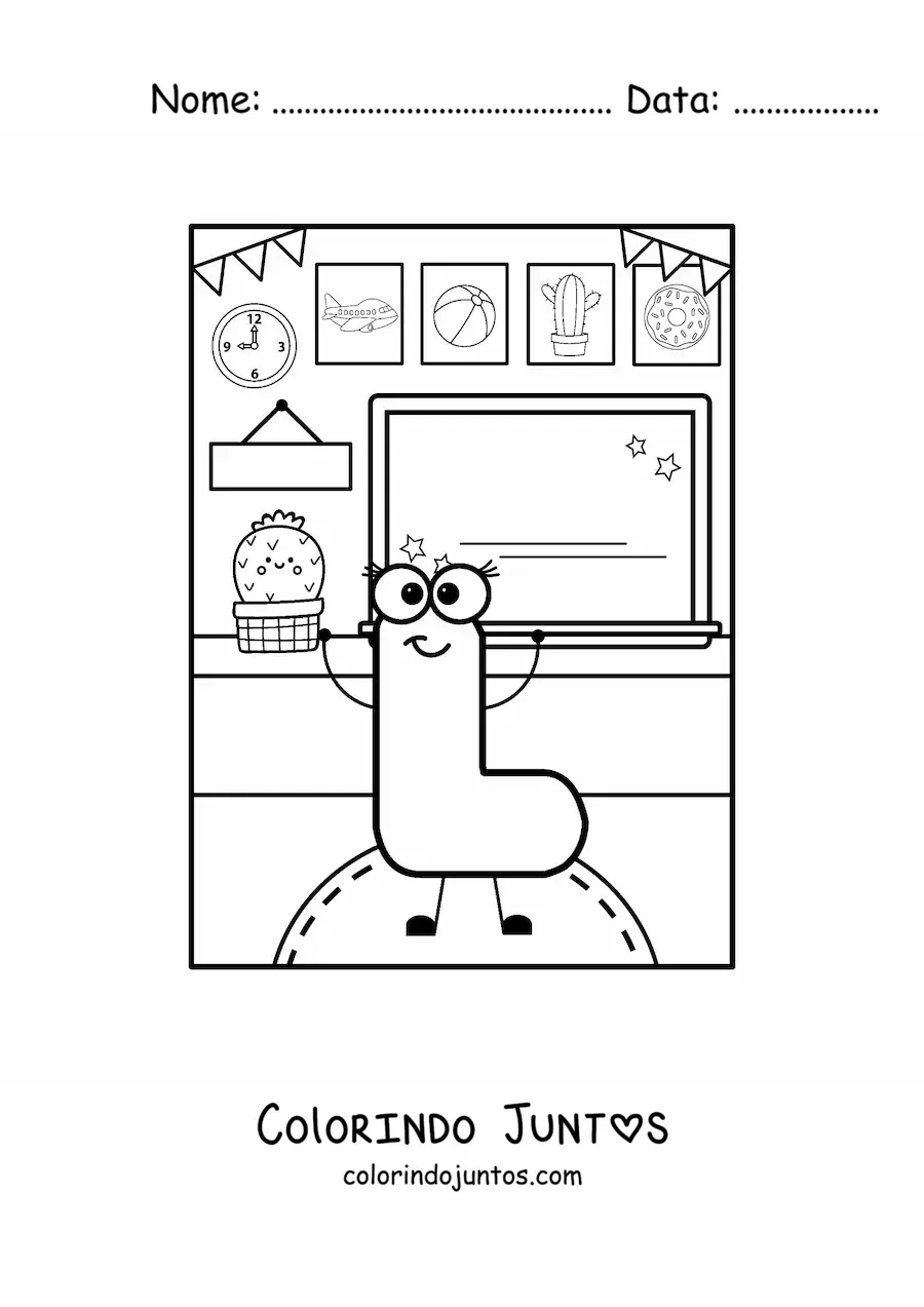 Desenho para colorir da letra L animada na escola