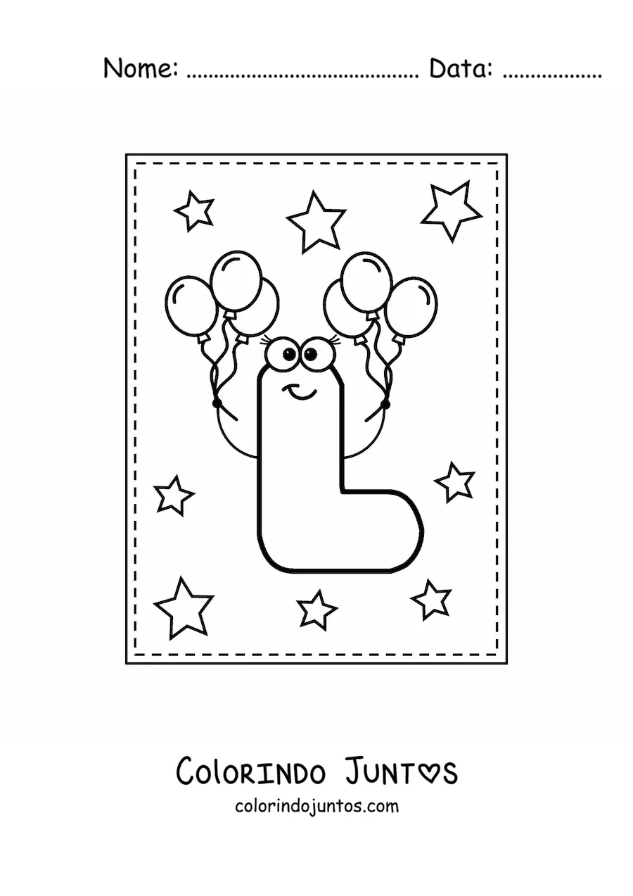 Desenho para colorir da letra L maiúscula animada com balões
