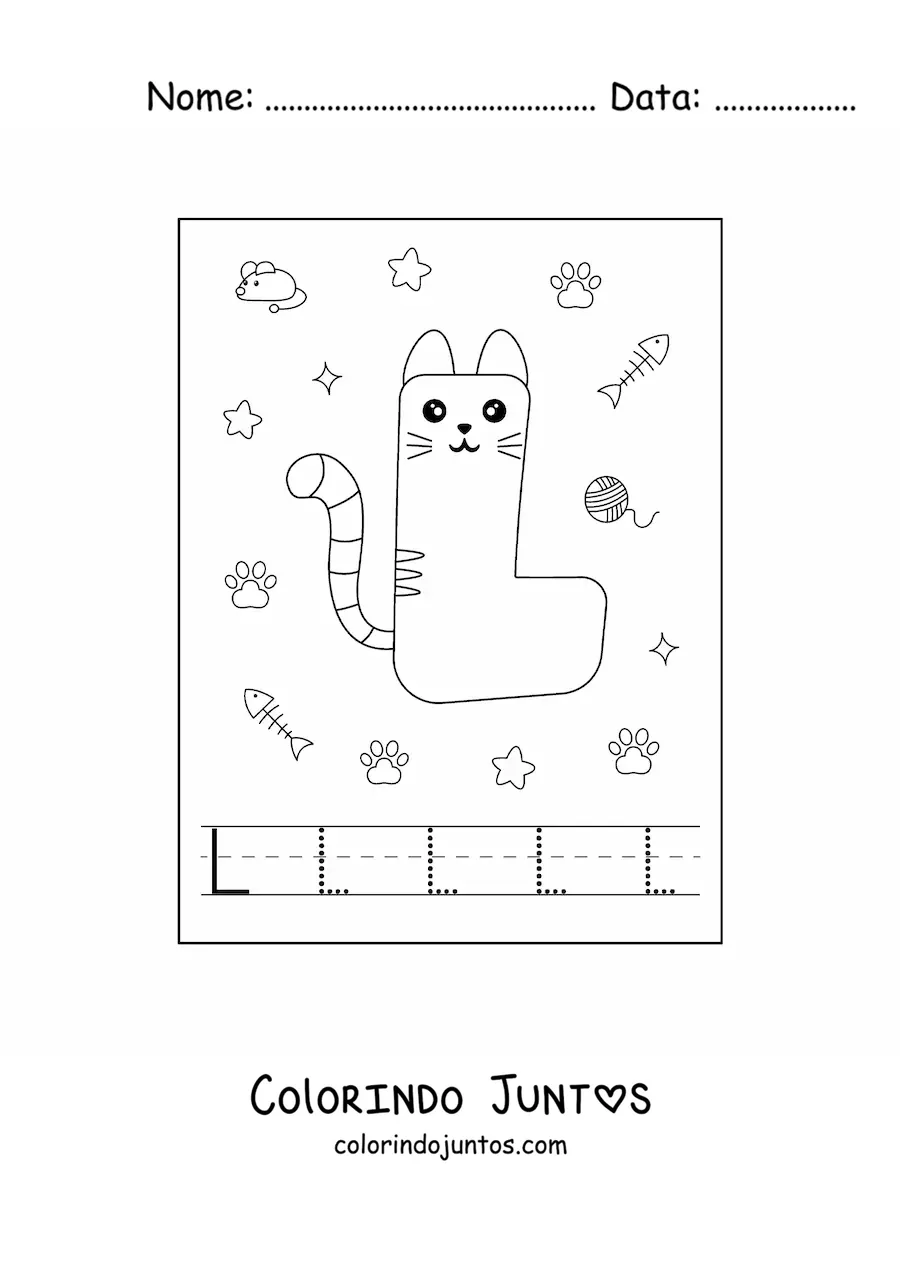 Desenho para colorir da letra L animada em forma de gato