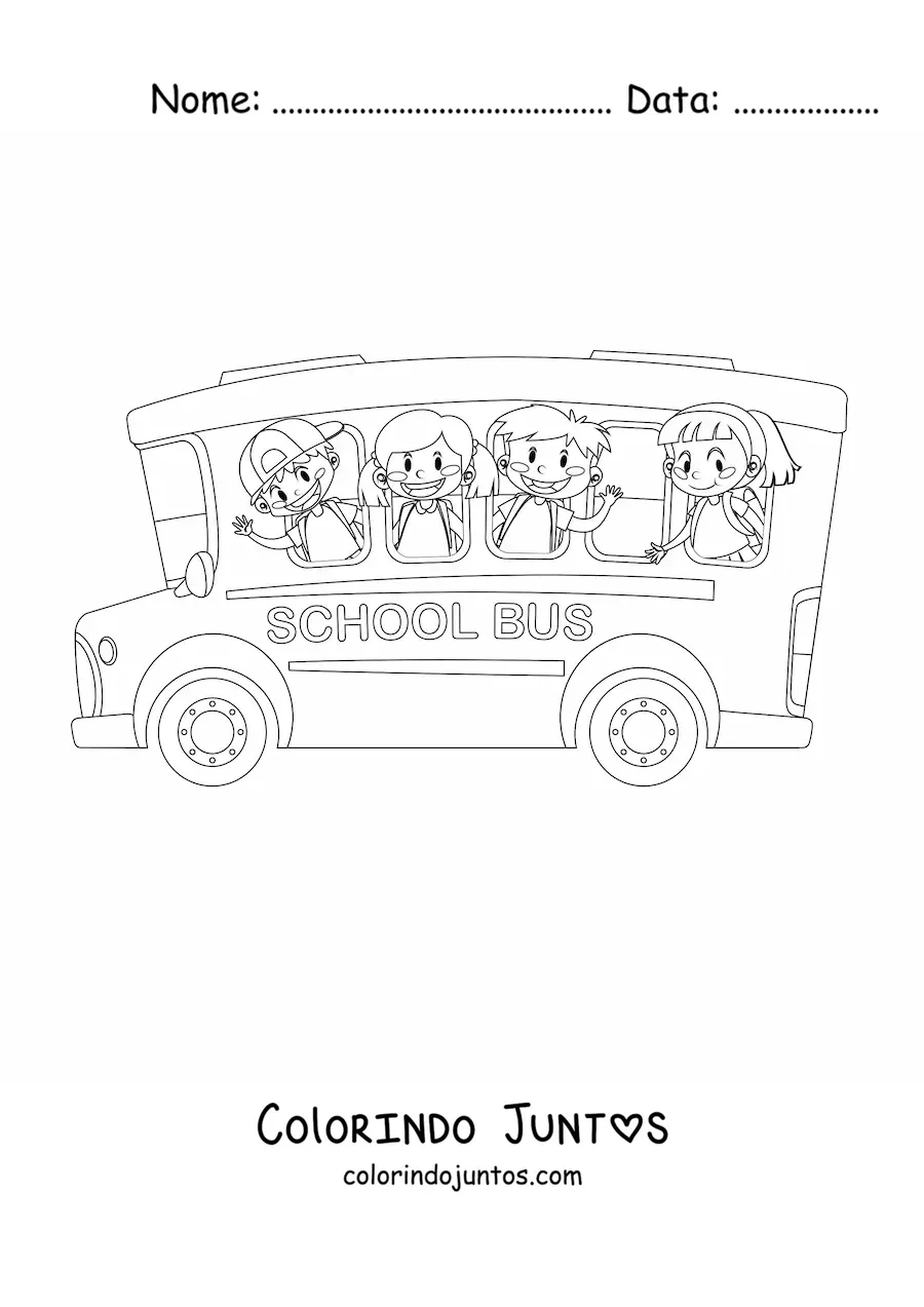 Desenho para colorir de quatro alunos acenando das janelas de um onibus escolar