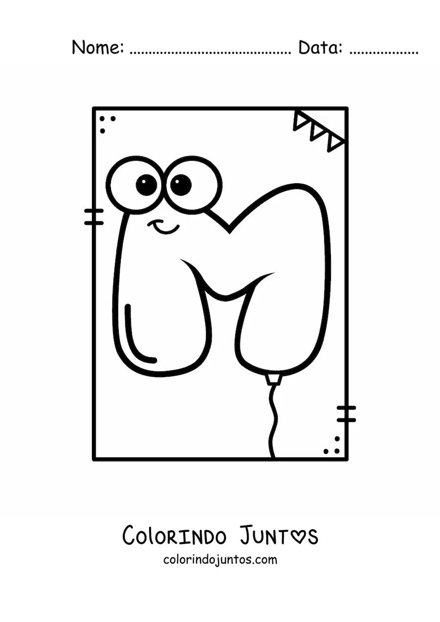 Desenho para colorir da letra M animada em forma de balão