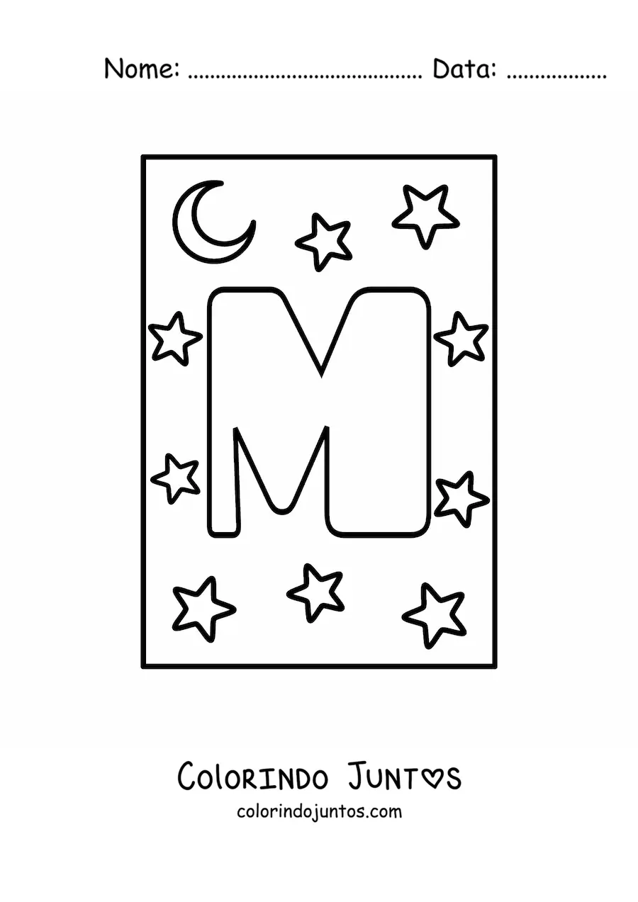 Desenho para colorir de letra M maiúscula com estrelas e uma lua