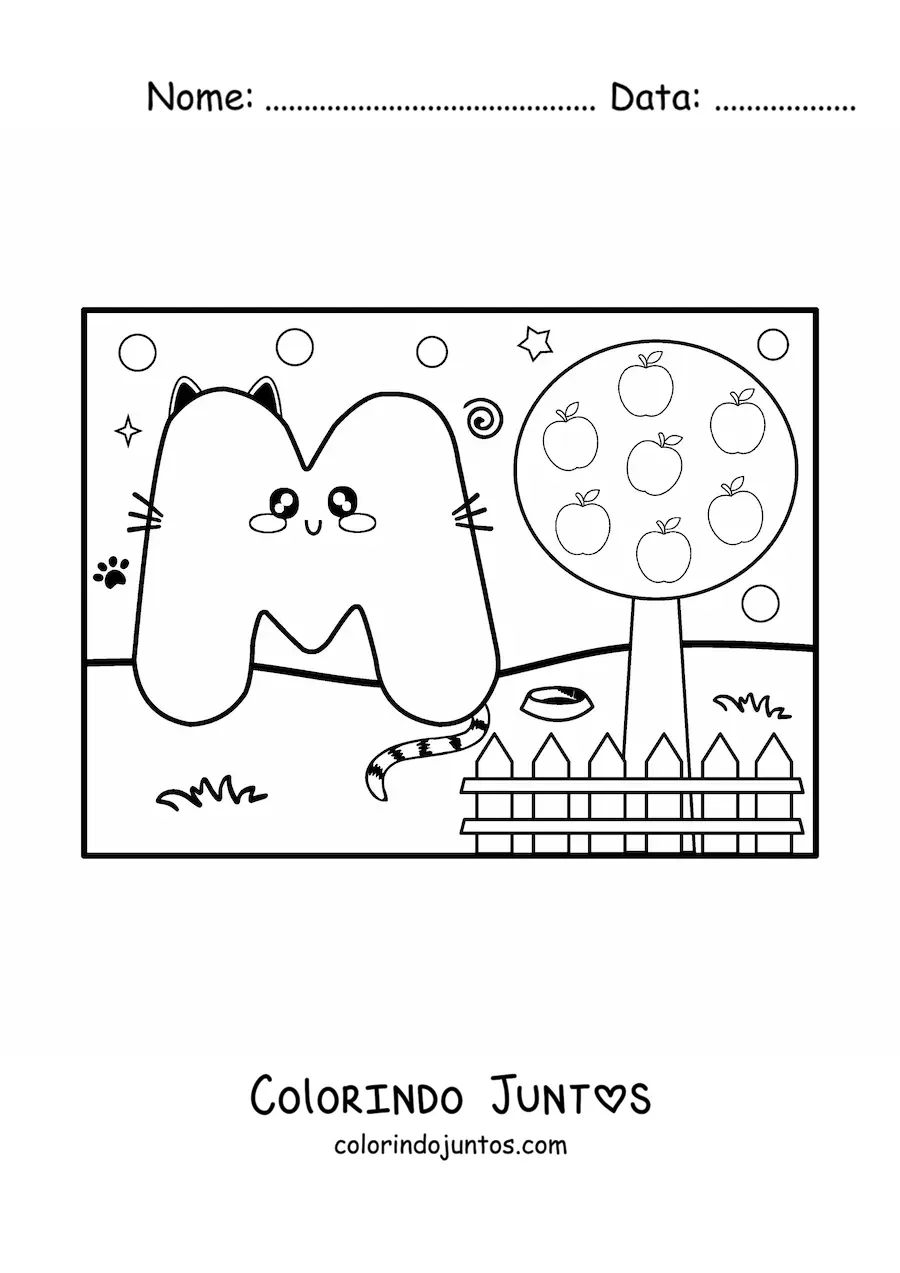 Desenho para colorir da letra M animada em forma de gato no parque