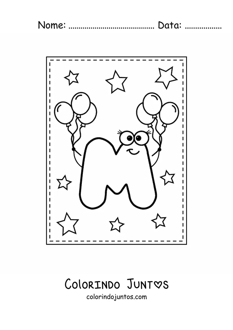 Desenho para colorir da letra M maiúscula animada com balões