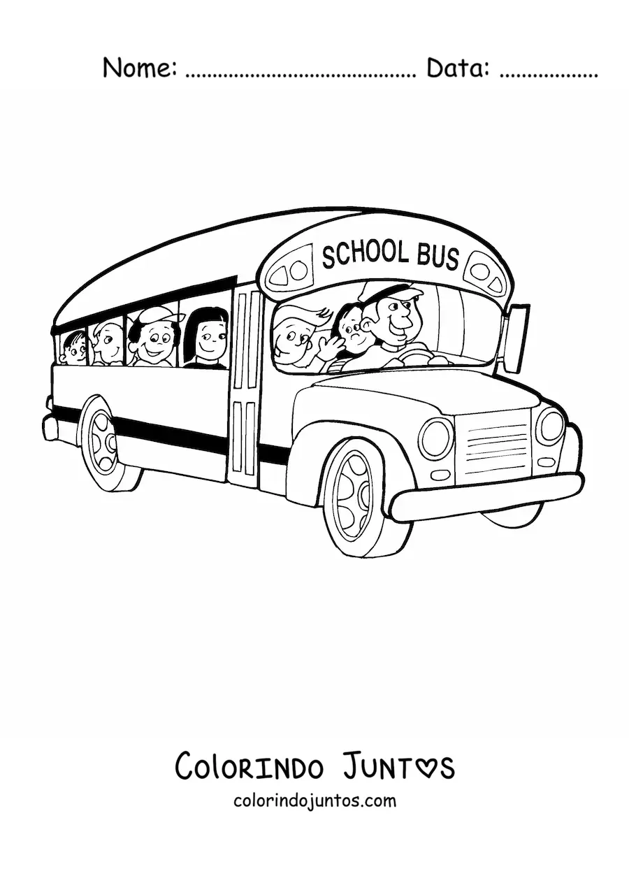Desenho para colorir de um onibus escolar com motorista e alunos