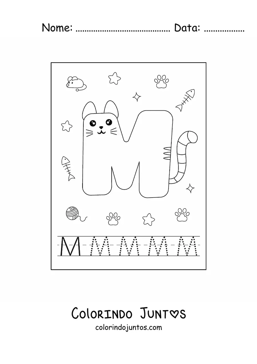 Desenho para colorir da letra M animada em forma de gato