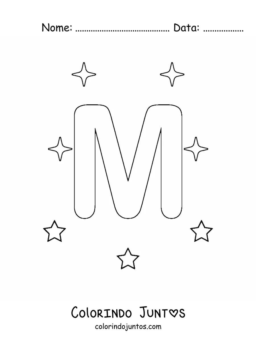 Desenho para colorir de letra M maiúscula com estrelas