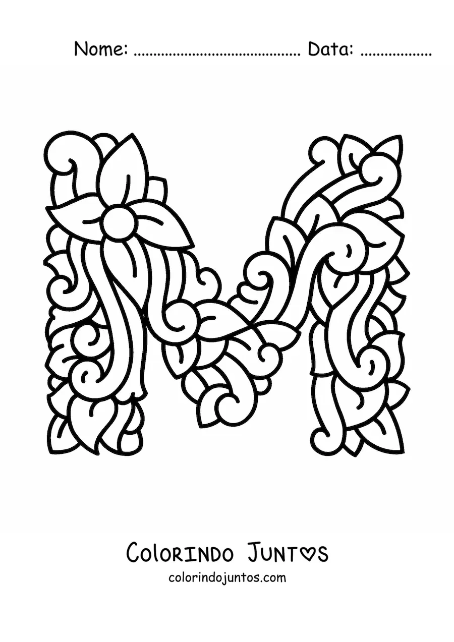 Desenho para colorir de letra M maiúscula decorada
