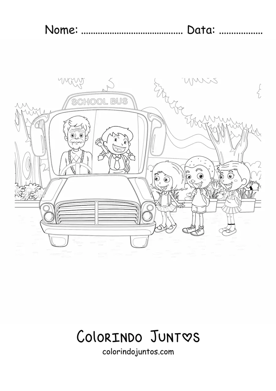 Desenho para colorir de varios alunos subindo no transporte escolar