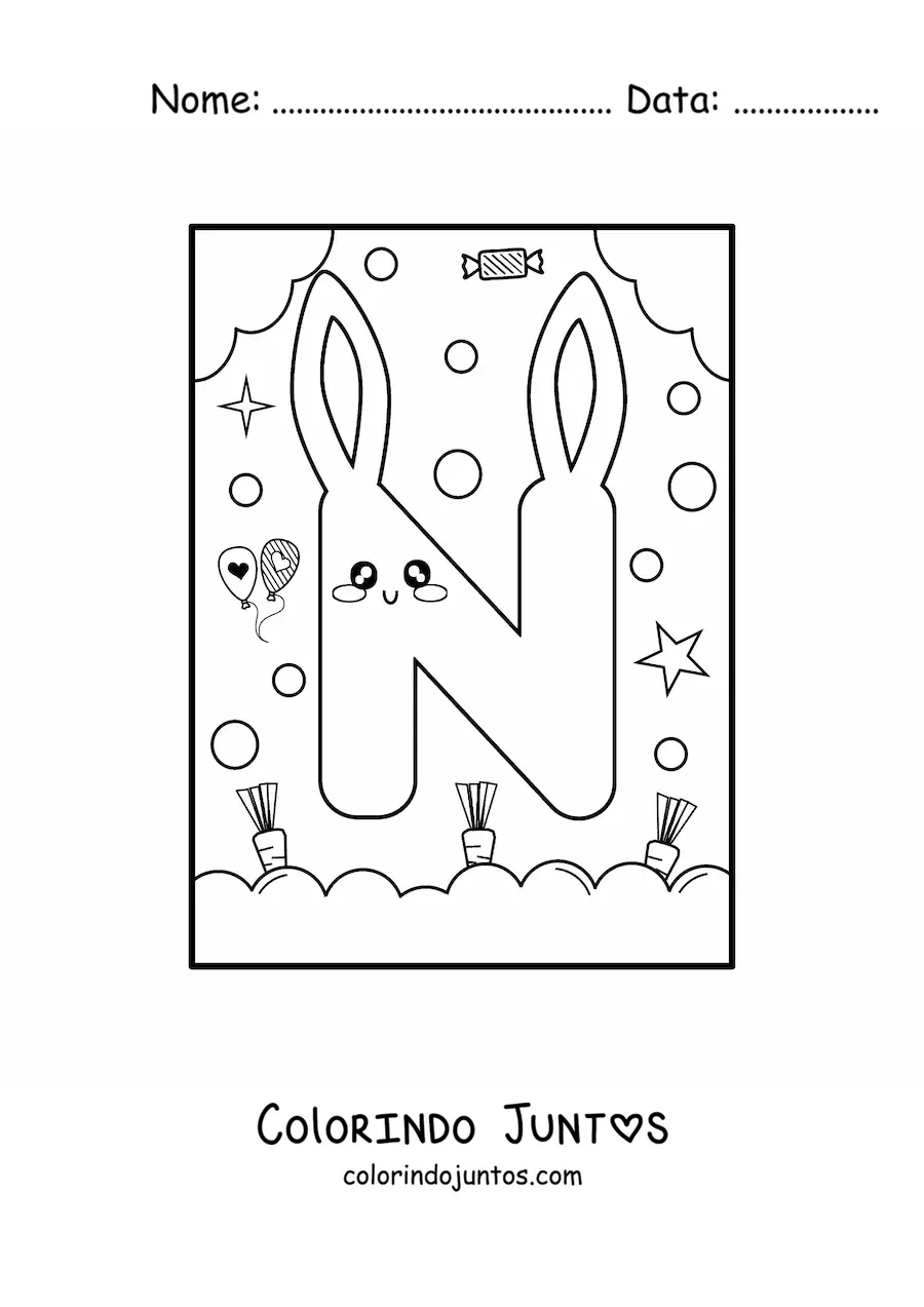Desenho para colorir de letra N em forma de coelho kawaii animado