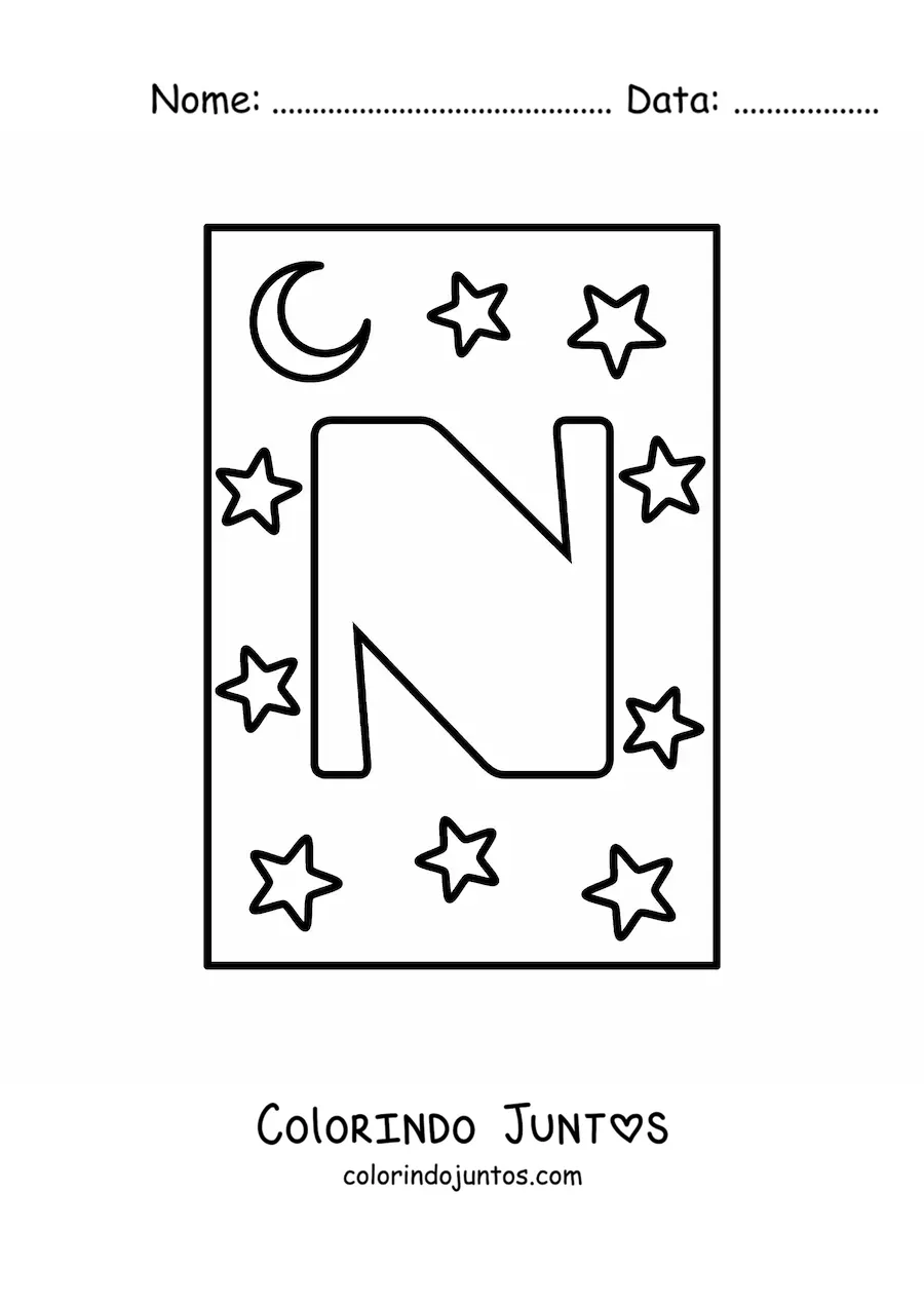 Desenho para colorir de letra N maiúscula com estrelas e uma lua