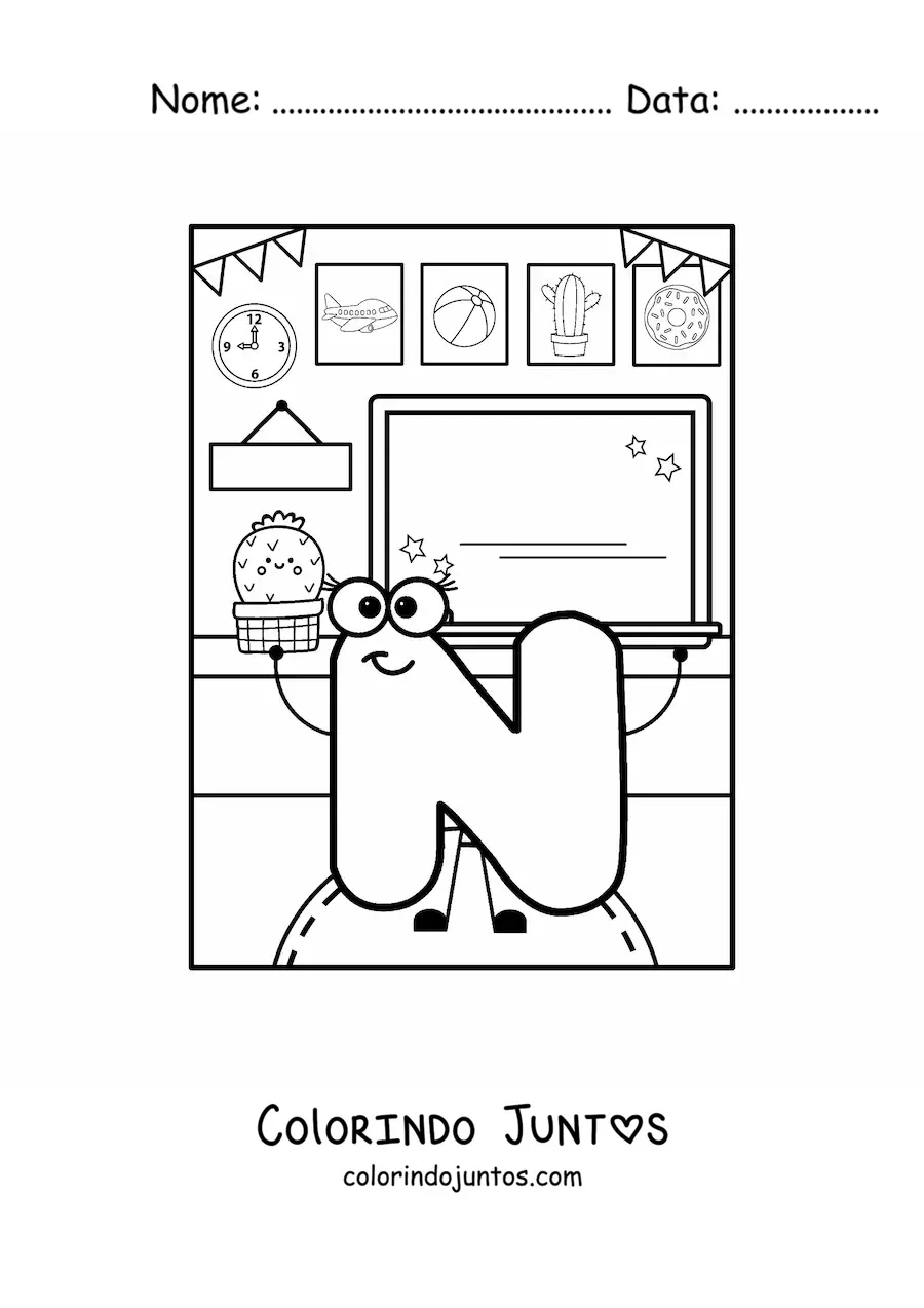 Desenho para colorir da letra N animada na escola