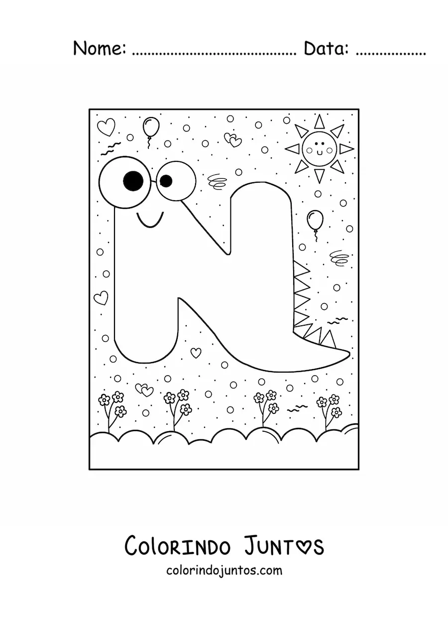 Desenho para colorir da letra N animada em forma de monstro de desenho animado
