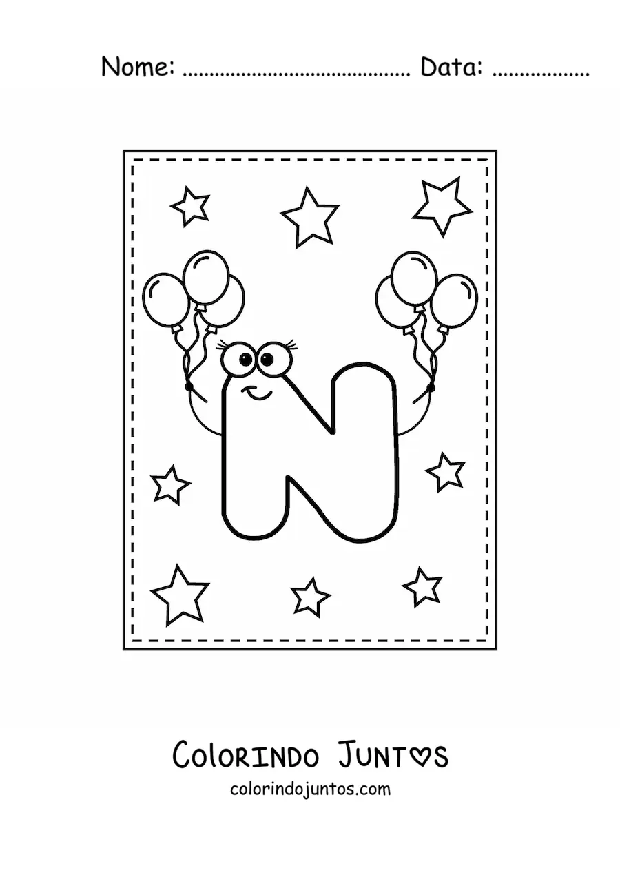 Desenho para colorir da letra N maiúscula animada com balões