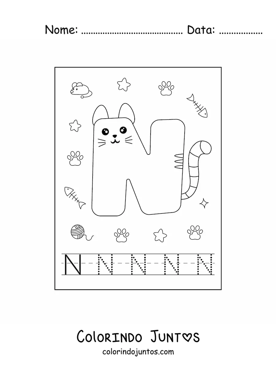 Desenho para colorir da letra N animada em forma de gato