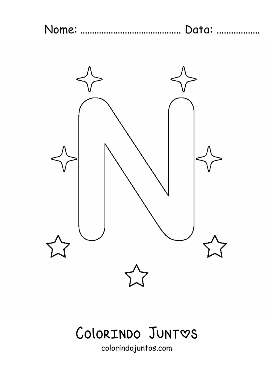 Desenho para colorir de letra N maiúscula com estrelas