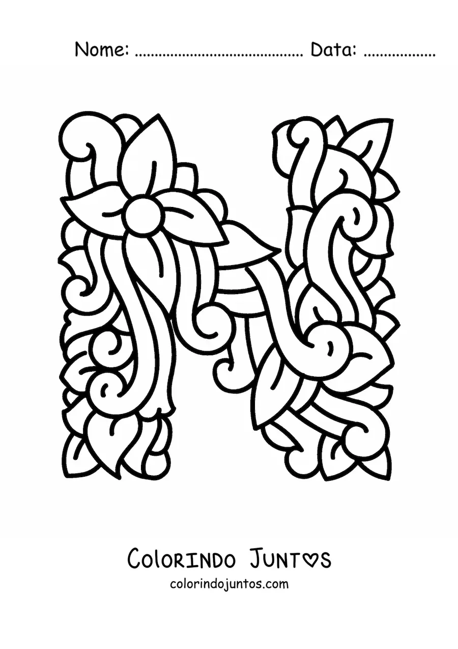 Desenho para colorir de letra N maiúscula decorada