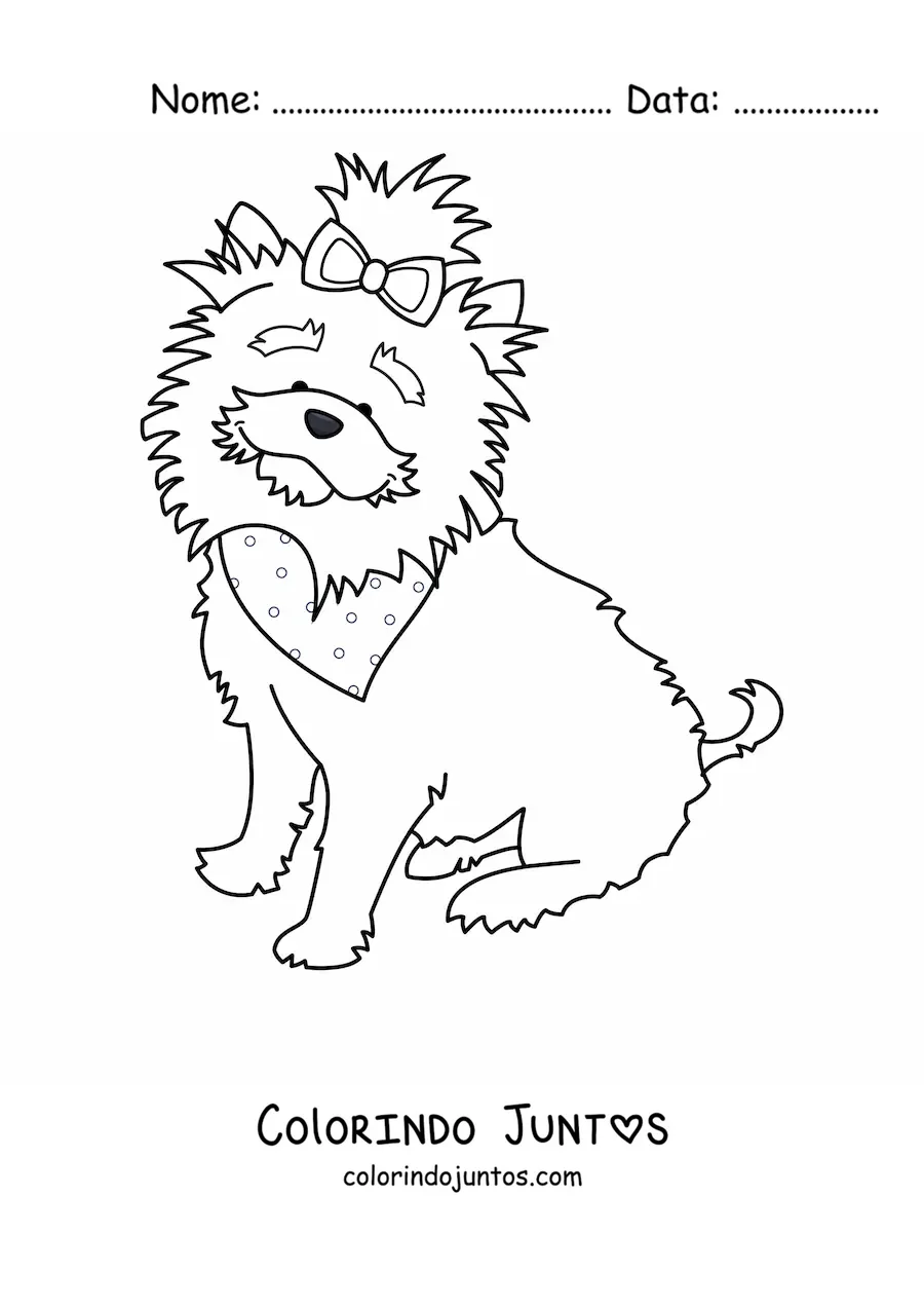Desenho para colorir de um yorkshire terrier sentado usando uma bandana e um laço
