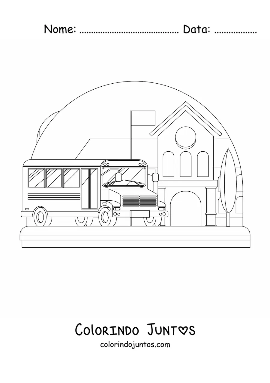 Desenho para colorir de um onibus escolar na escola