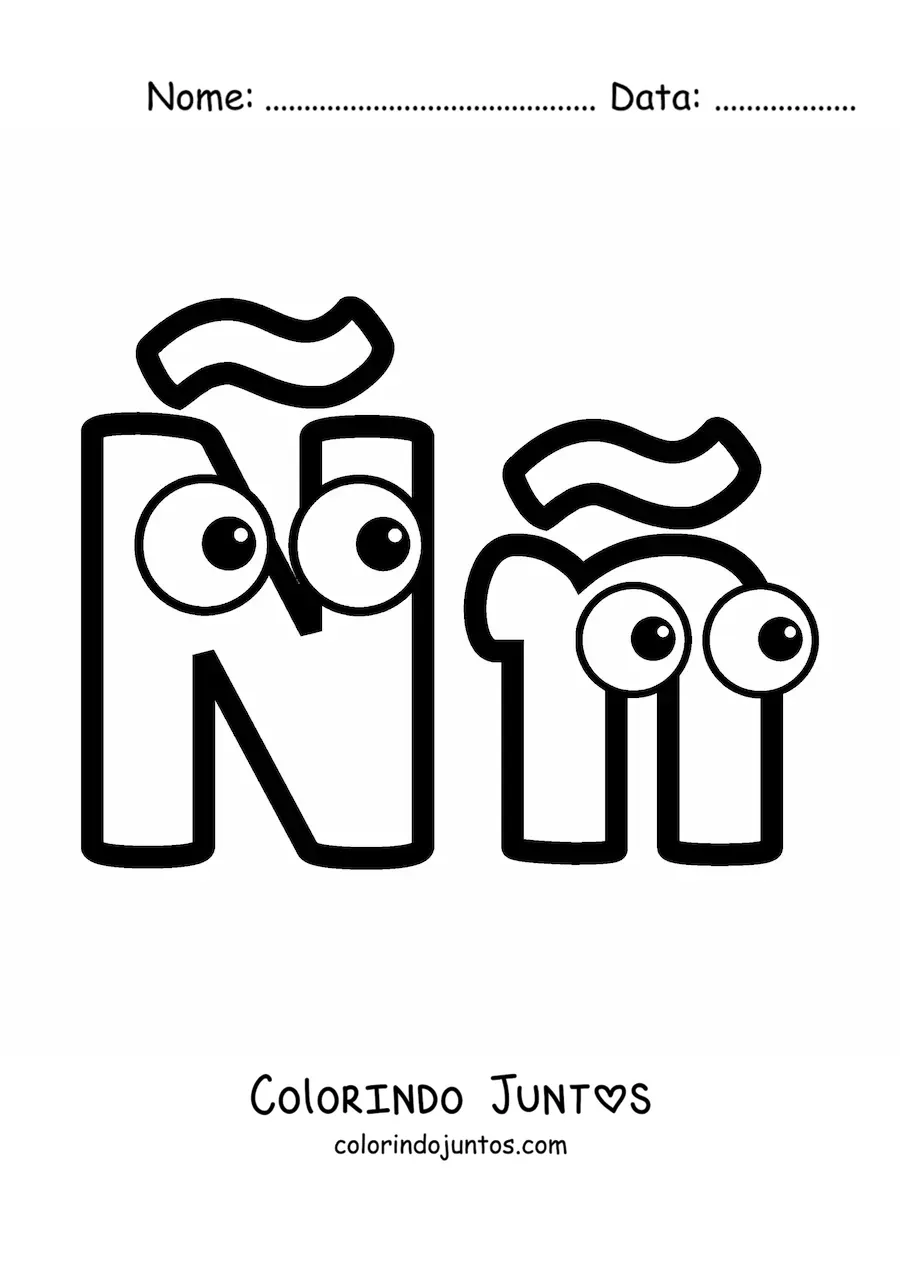 Desenho para colorir da letra Ñ maiúscula e minúscula em desenho animado