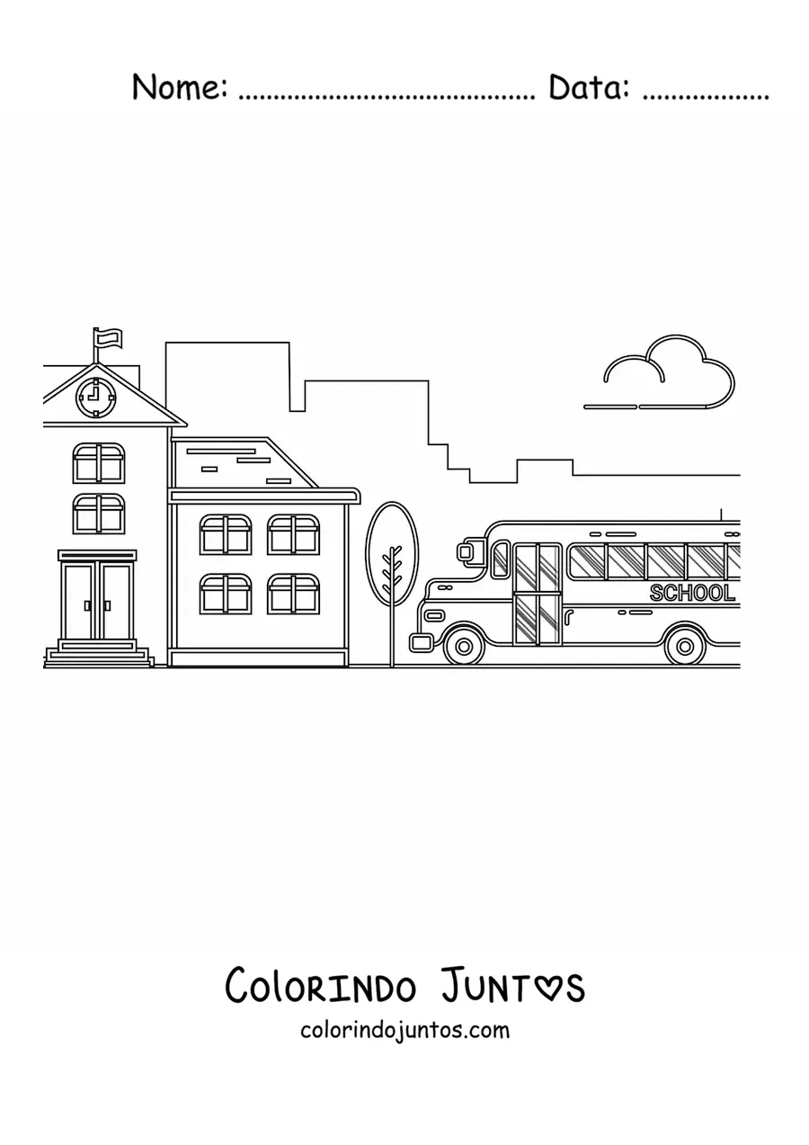 Desenho para colorir de um onibus escolar estacionado ao lado de uma escola