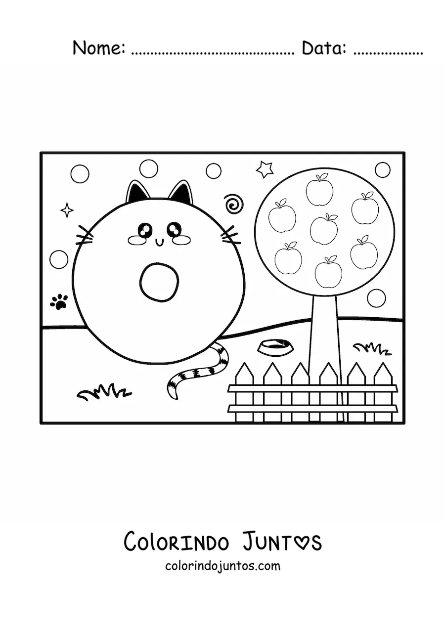 Desenho para colorir da letra O animada em forma de gato no parque