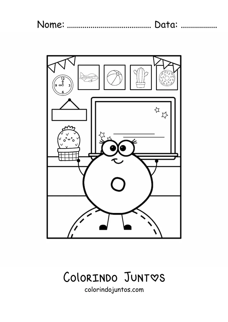 Desenho para colorir da letra O animada na escola