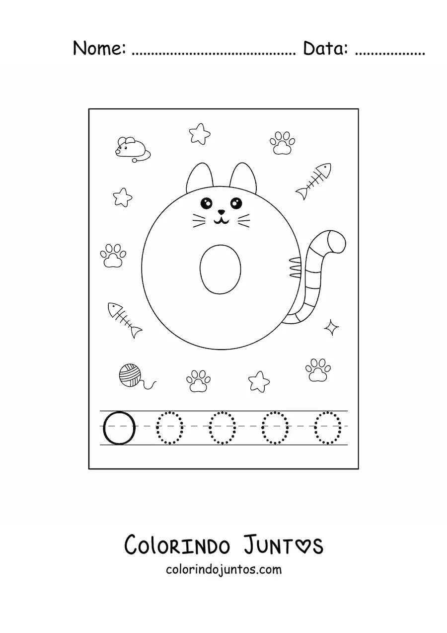 Desenho para colorir da letra O animada em forma de gato