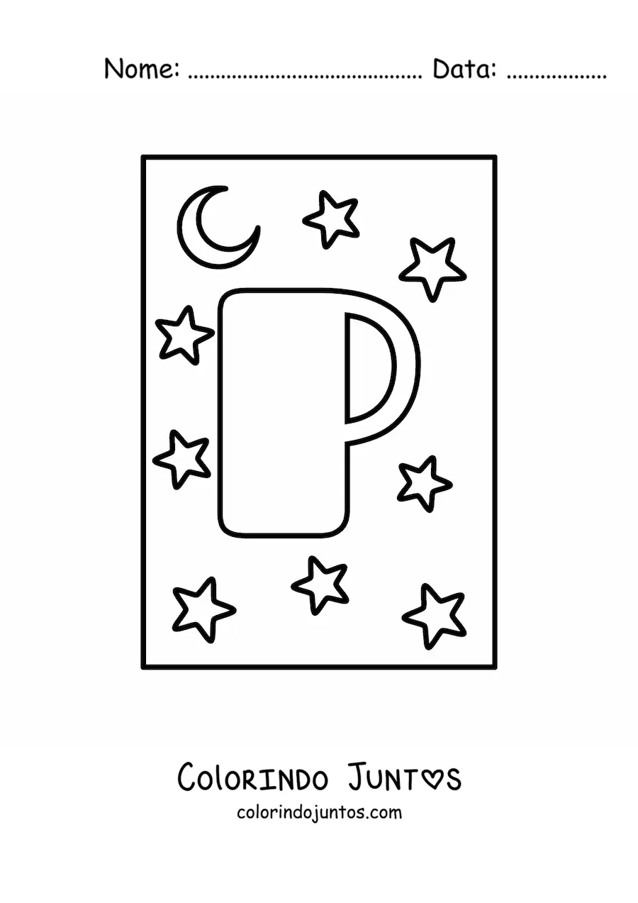 Desenho para colorir da letra P maiúscula com estrelas e uma lua