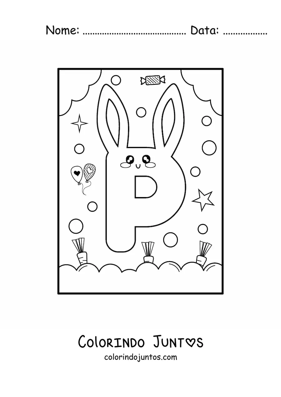 Desenho para colorir da letra P em forma de coelho kawaii animado