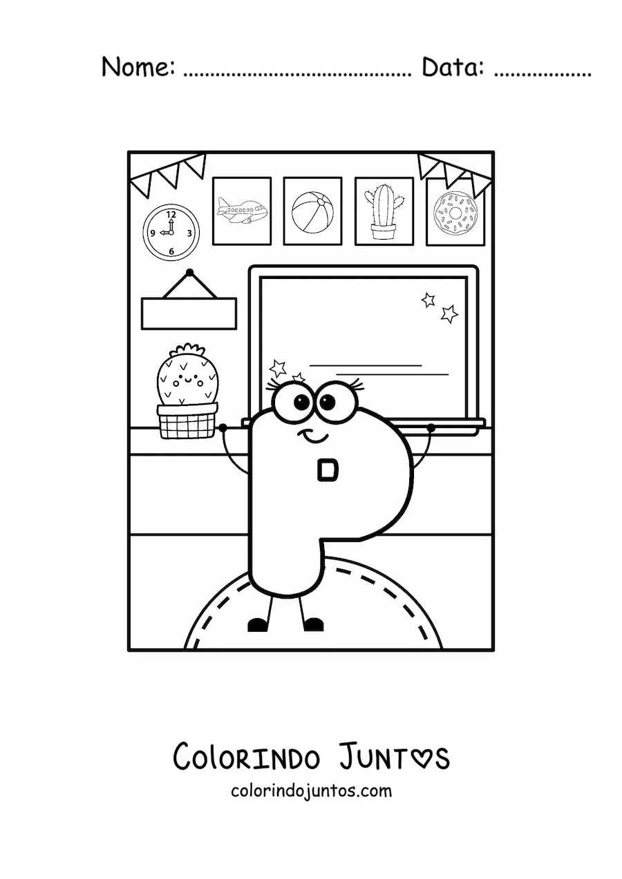 Desenho para colorir da letra P animada na escola