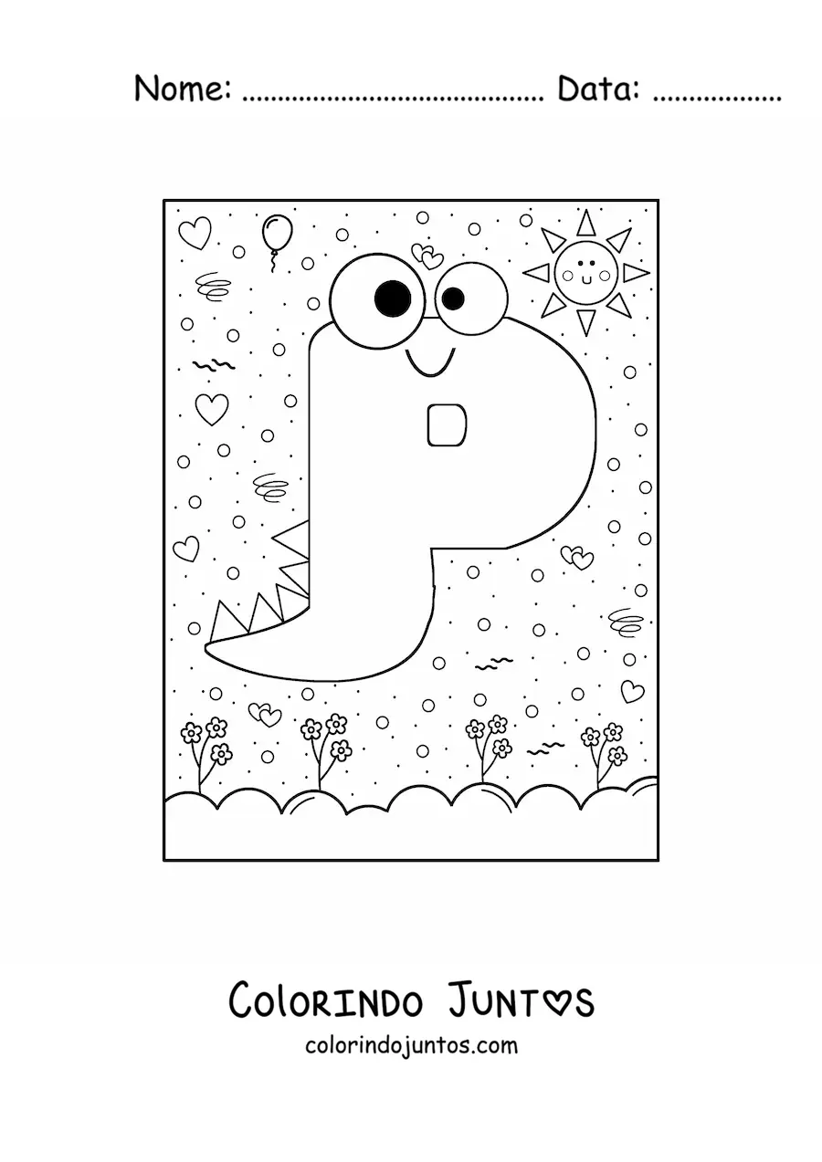Desenho para colorir da letra P animada em forma de monstro de desenho animado