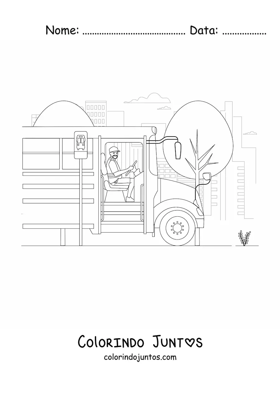 Desenho para colorir de um motorista de onibus na parada