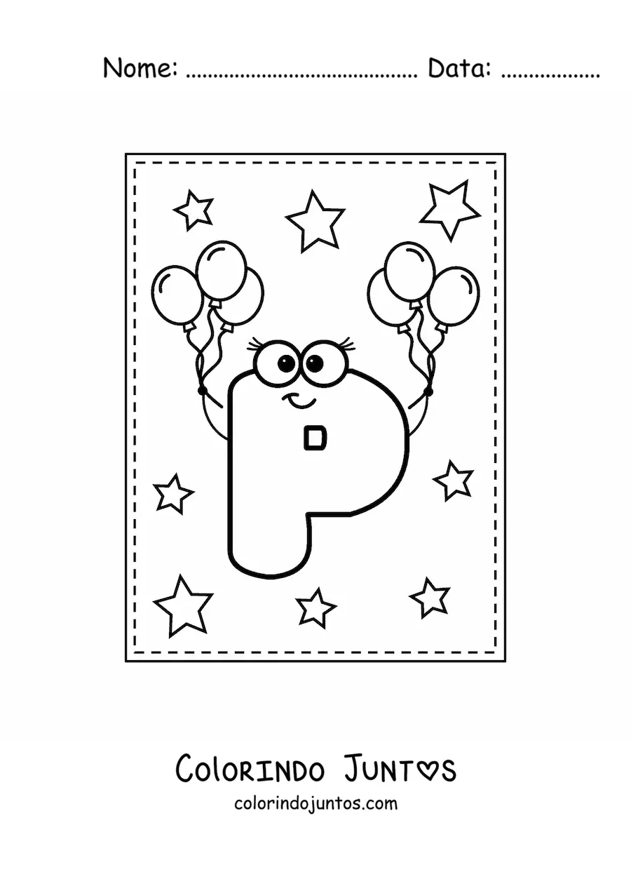 Desenho para colorir da letra P maiúscula animada com balões